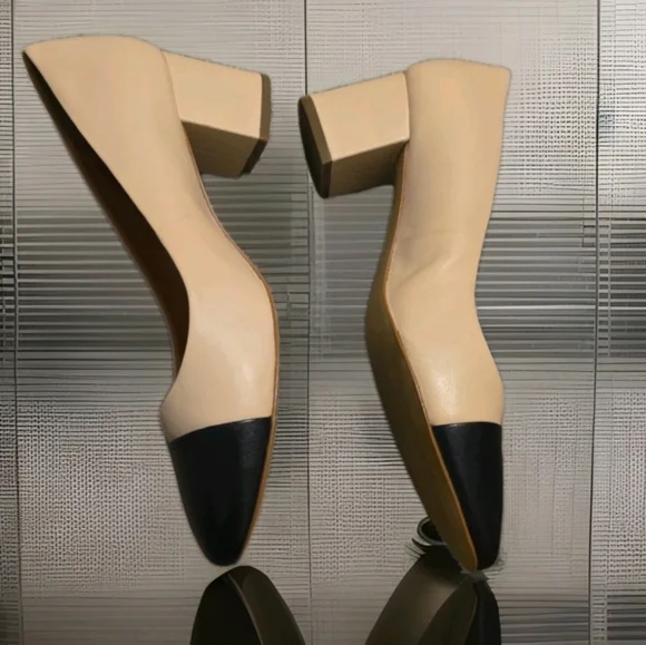 J.Crew women's leather block heel pumps in a beige and black colorblock Sz 10 - Picture 4 of 6